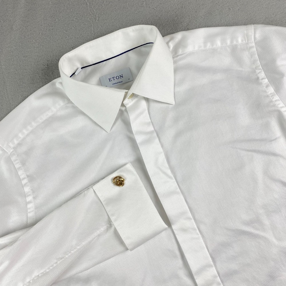 ETON Mens tuxedo shirt 43 17 White Cotton French Cuff Spread Fly Front